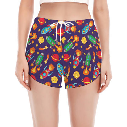Space Rockets Pattern Print Women's Split Running Shorts