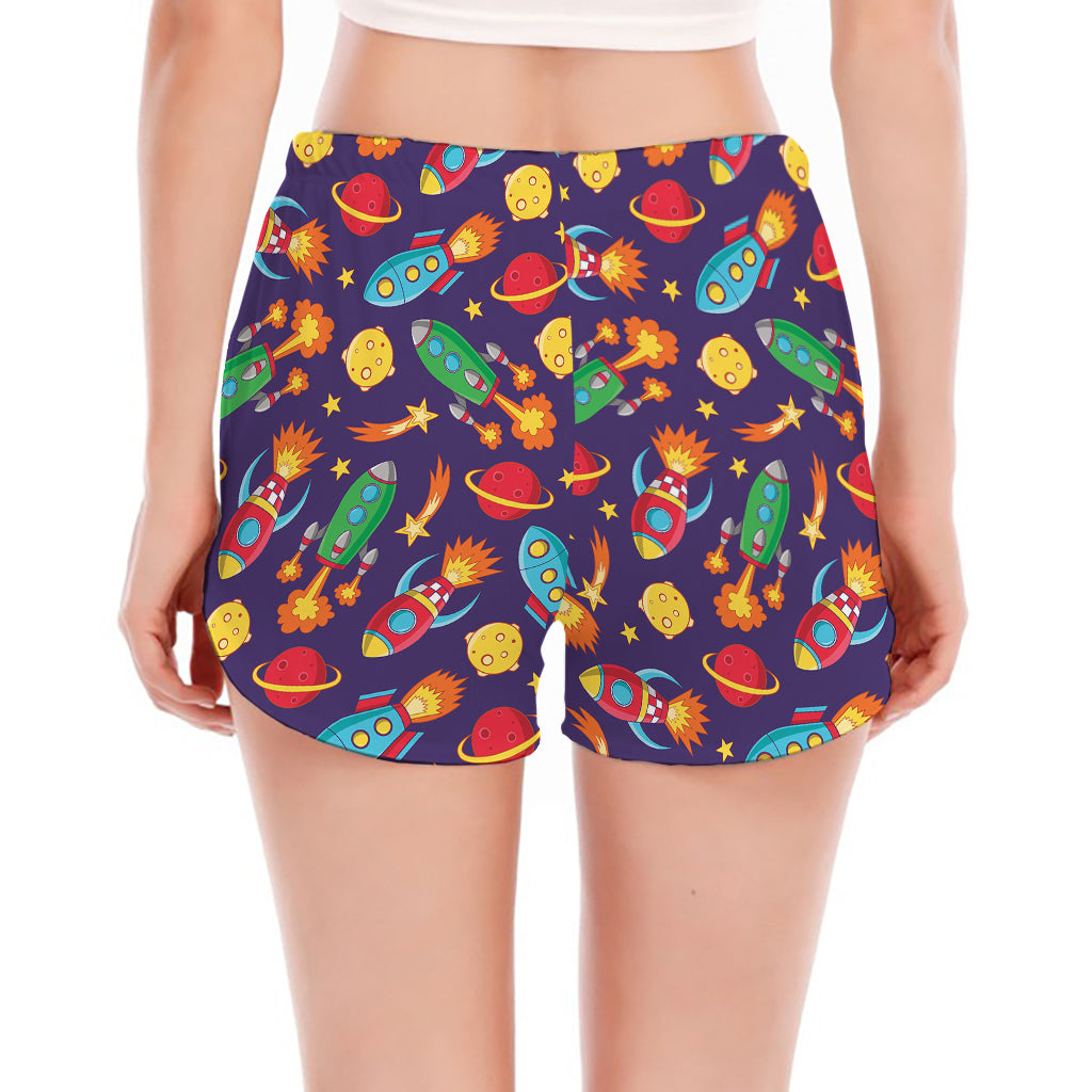 Space Rockets Pattern Print Women's Split Running Shorts