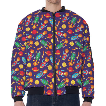 Space Rockets Pattern Print Zip Sleeve Bomber Jacket