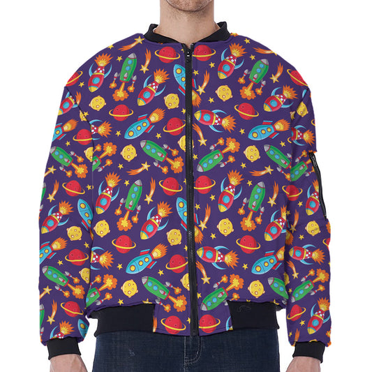 Space Rockets Pattern Print Zip Sleeve Bomber Jacket