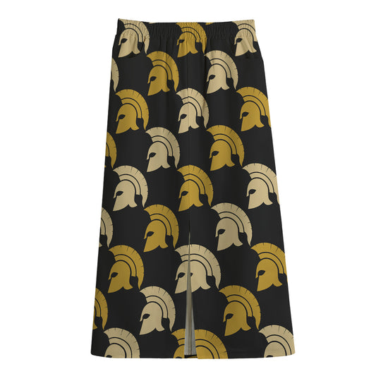Spartan Warrior Helmet Pattern Print Cotton Front Slit Maxi Skirt