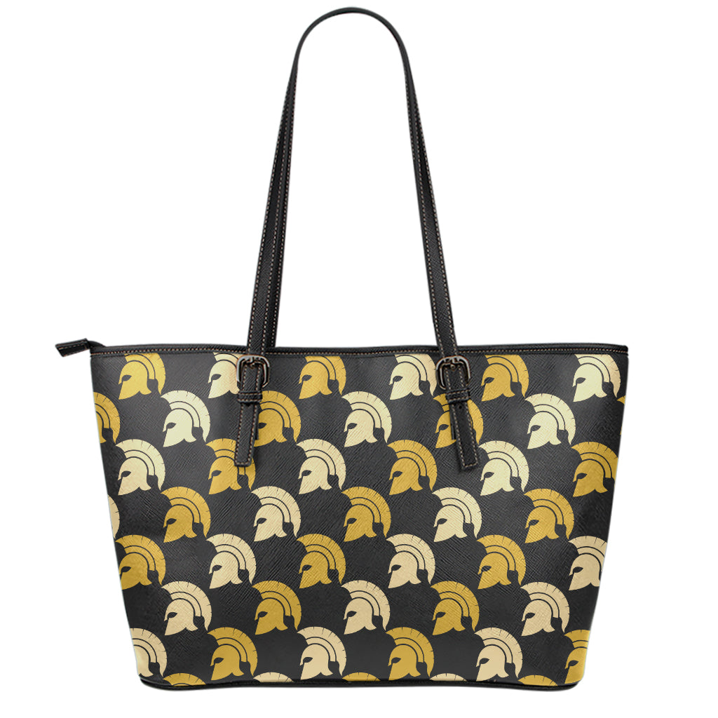 Spartan Warrior Helmet Pattern Print Leather Tote Bag