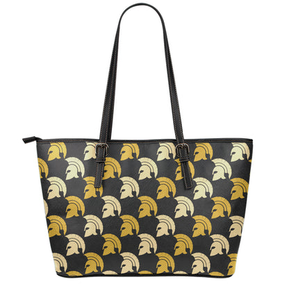 Spartan Warrior Helmet Pattern Print Leather Tote Bag