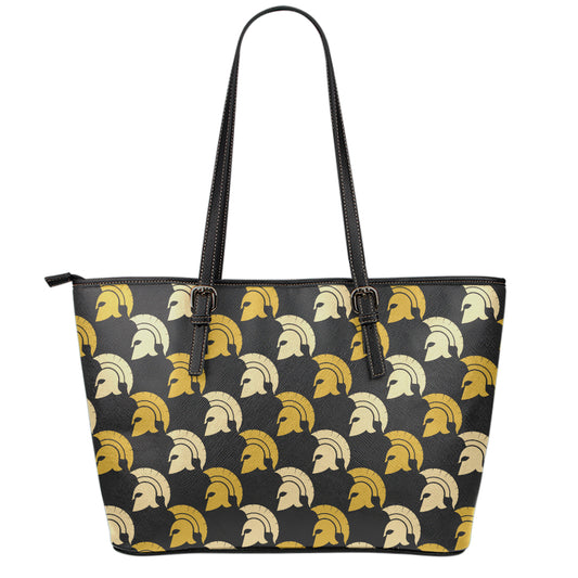 Spartan Warrior Helmet Pattern Print Leather Tote Bag