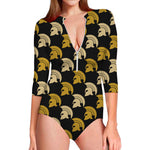 Spartan Warrior Helmet Pattern Print Long Sleeve Swimsuit