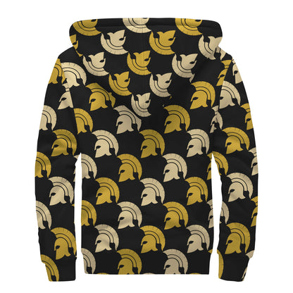 Spartan Warrior Helmet Pattern Print Sherpa Lined Zip Up Hoodie