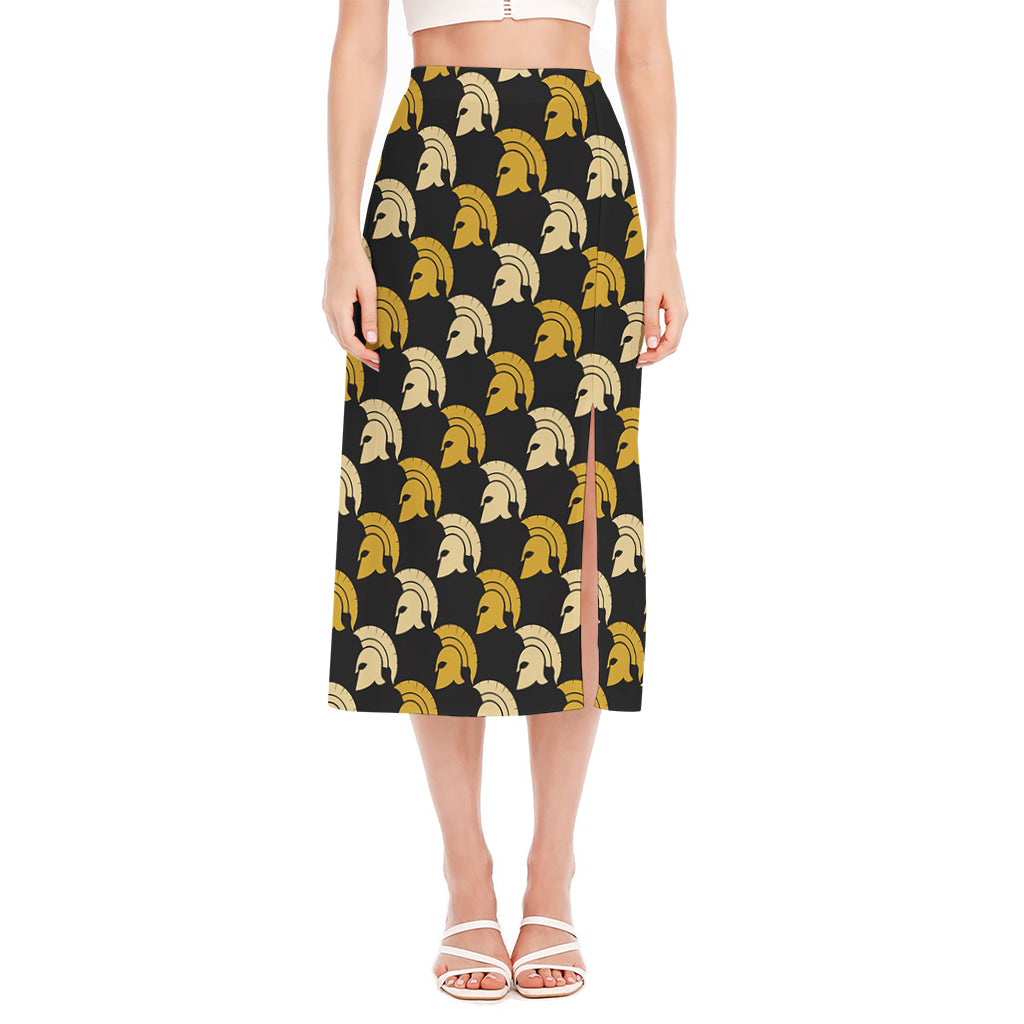 Spartan Warrior Helmet Pattern Print Side Slit Midi Skirt
