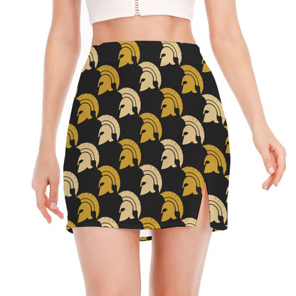 Spartan Warrior Helmet Pattern Print Side Slit Mini Skirt