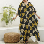 Spartan Warrior Helmet Pattern Print Silk V-Neck Kaftan Dress