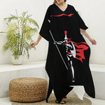 Spartan Warrior Print Silk V-Neck Kaftan Dress