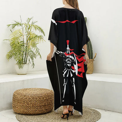 Spartan Warrior Print Silk V-Neck Kaftan Dress