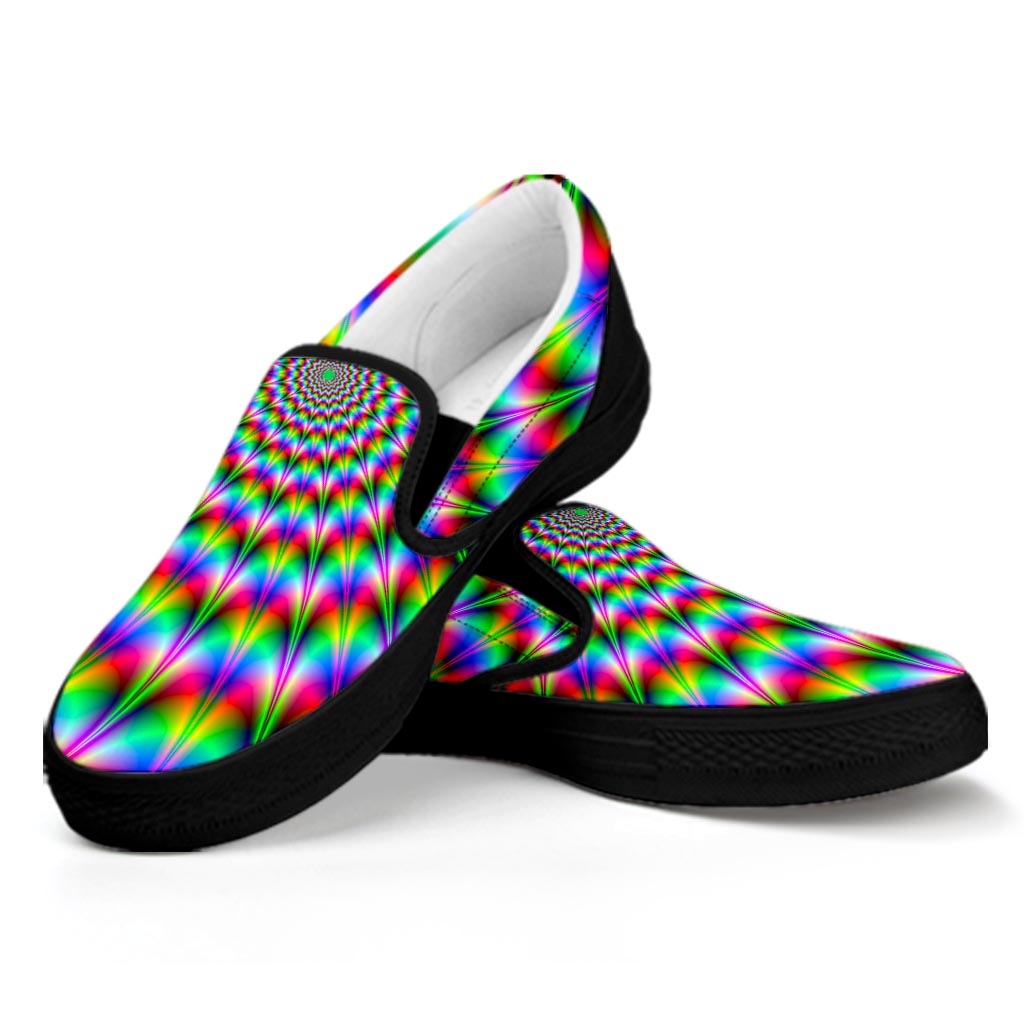 Spiky Psychedelic Optical Illusion Black Slip On Sneakers