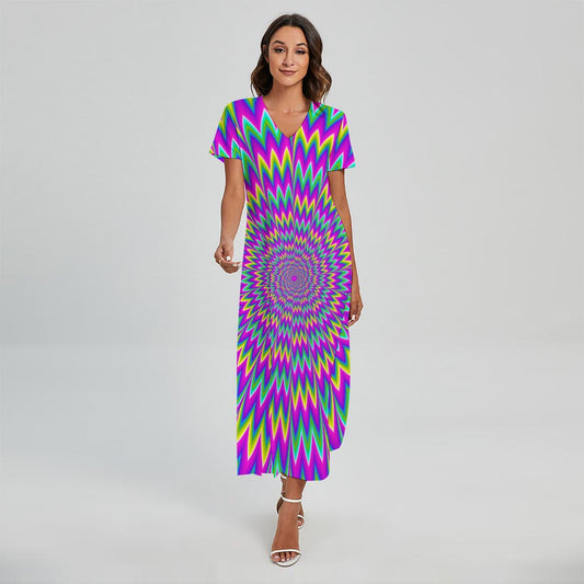 Spiky Spiral Moving Optical Illusion Short Sleeve Maxi Dress
