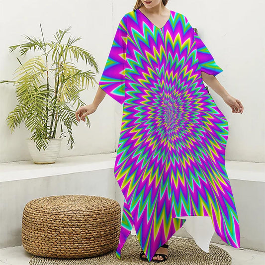 Spiky Spiral Moving Optical Illusion Silk V-Neck Kaftan Dress