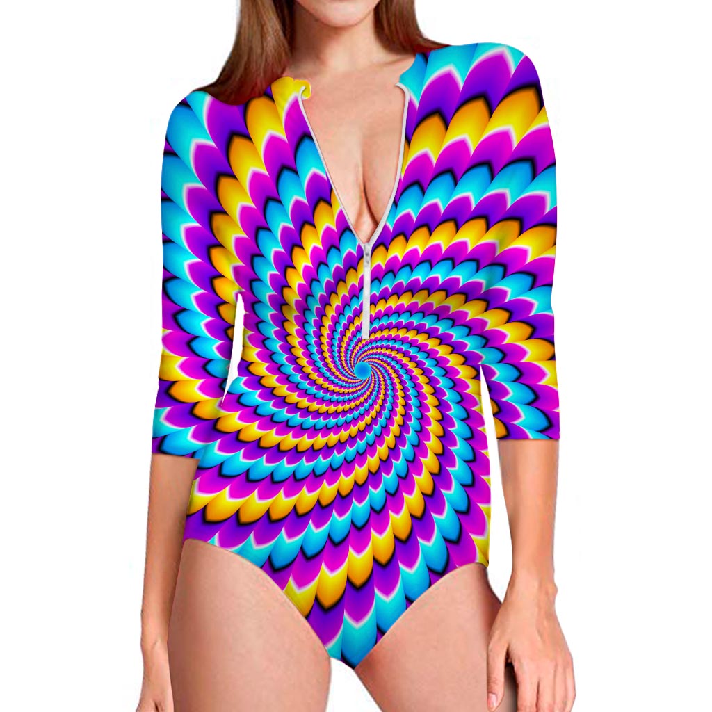 Spiral Colors Moving Optical Illusion Long Sleeve Swimsuit