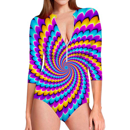 Spiral Colors Moving Optical Illusion Long Sleeve Swimsuit