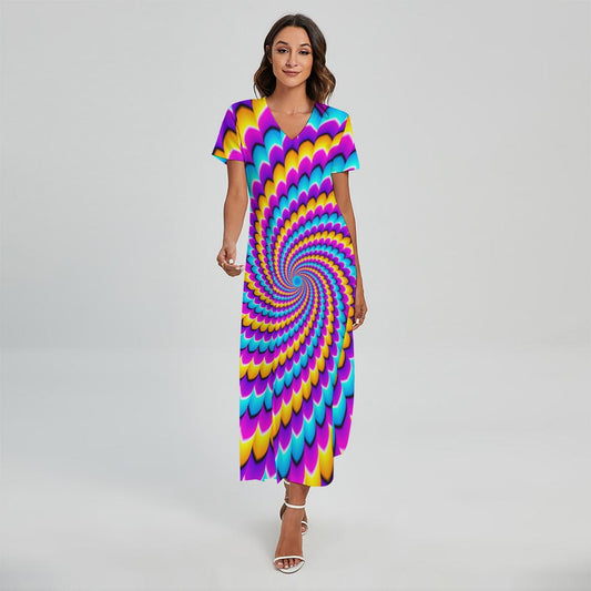 Spiral Colors Moving Optical Illusion Short Sleeve Maxi Dress