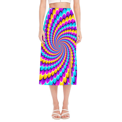 Spiral Colors Moving Optical Illusion Side Slit Midi Skirt