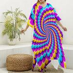 Spiral Colors Moving Optical Illusion Silk V-Neck Kaftan Dress