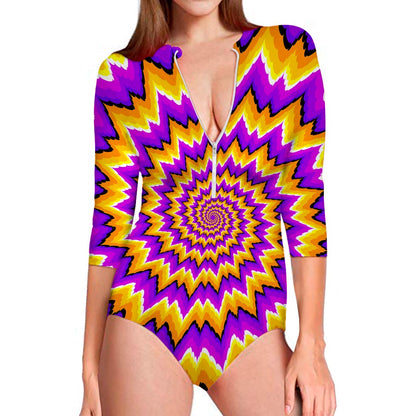 Spiral Expansion Moving Optical Illusion Long Sleeve Swimsuit
