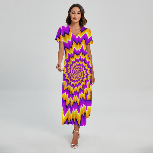 Spiral Expansion Moving Optical Illusion Short Sleeve Maxi Dress