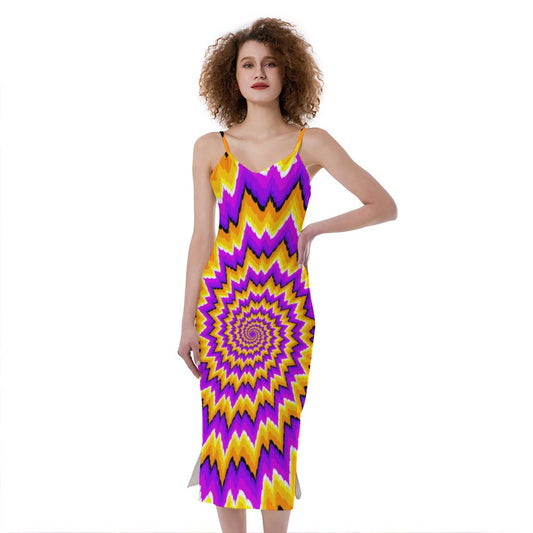 Spiral Expansion Moving Optical Illusion Slim Fit Midi Cami Dress