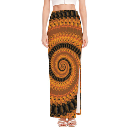 Spiral Fractal Print High Slit Maxi Skirt