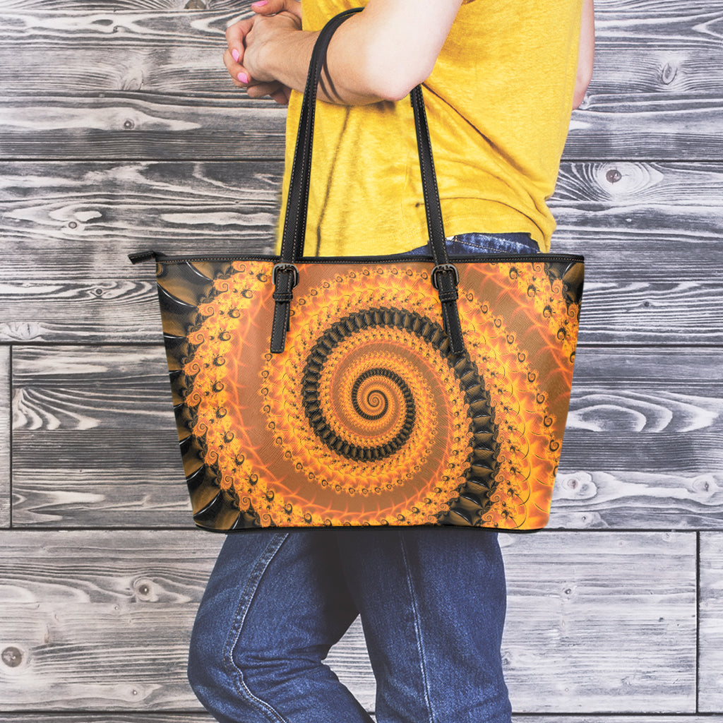 Spiral Fractal Print Leather Tote Bag