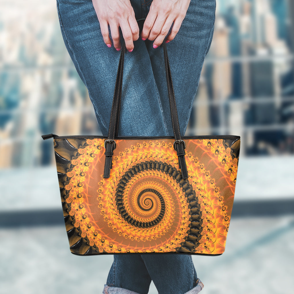 Spiral Fractal Print Leather Tote Bag