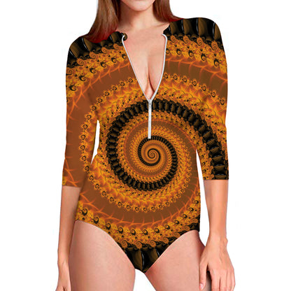 Spiral Fractal Print Long Sleeve Swimsuit