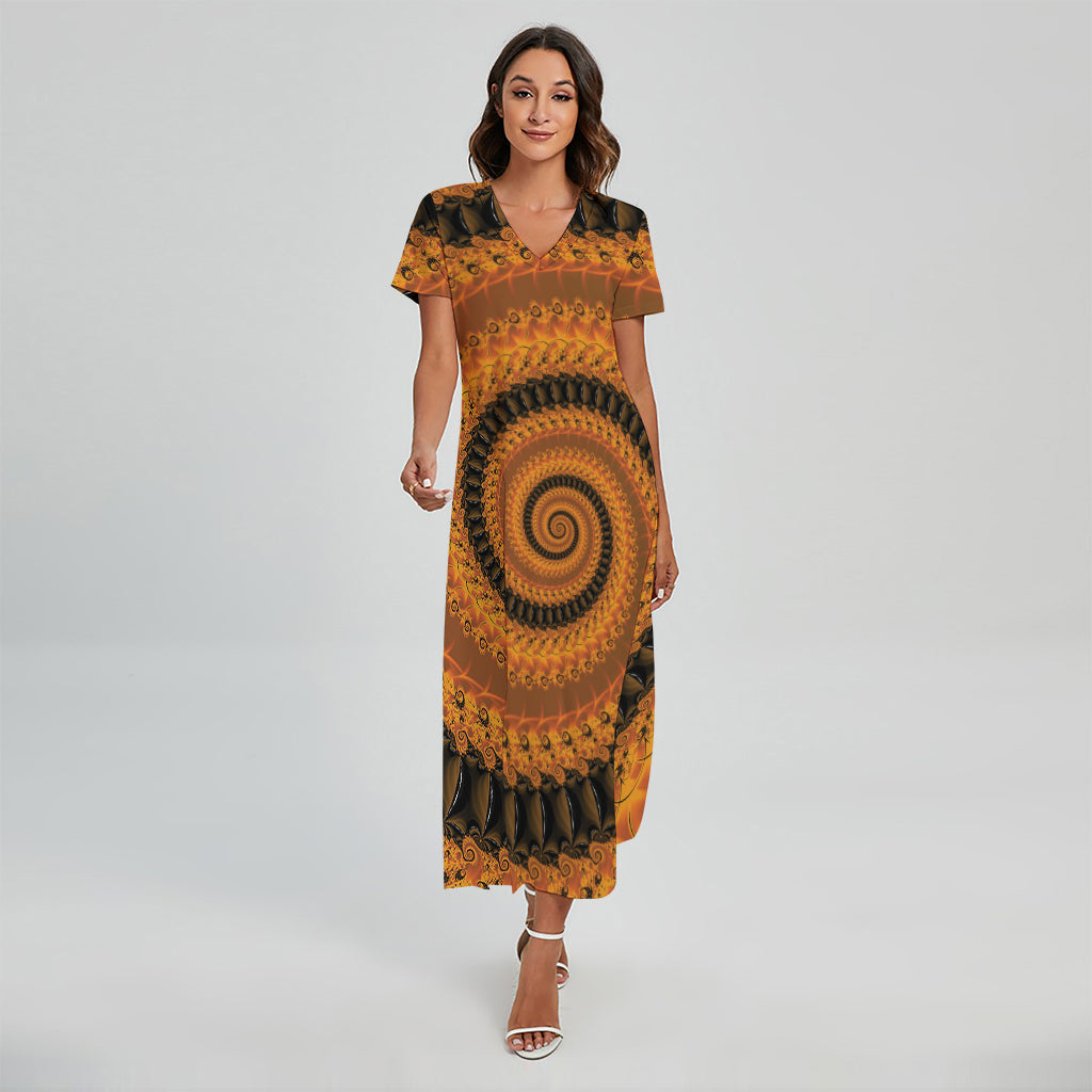 Spiral Fractal Print Short Sleeve Maxi Dress
