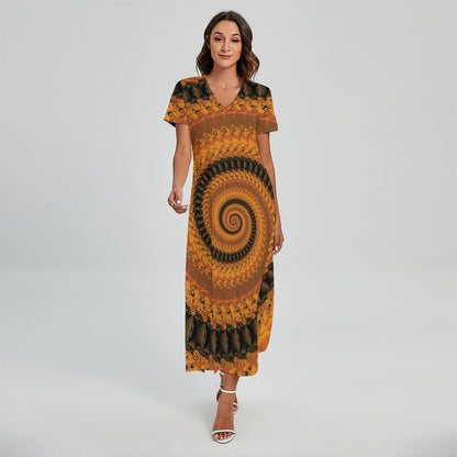 Spiral Fractal Print Short Sleeve Maxi Dress