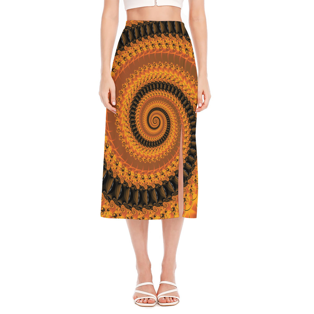 Spiral Fractal Print Side Slit Midi Skirt