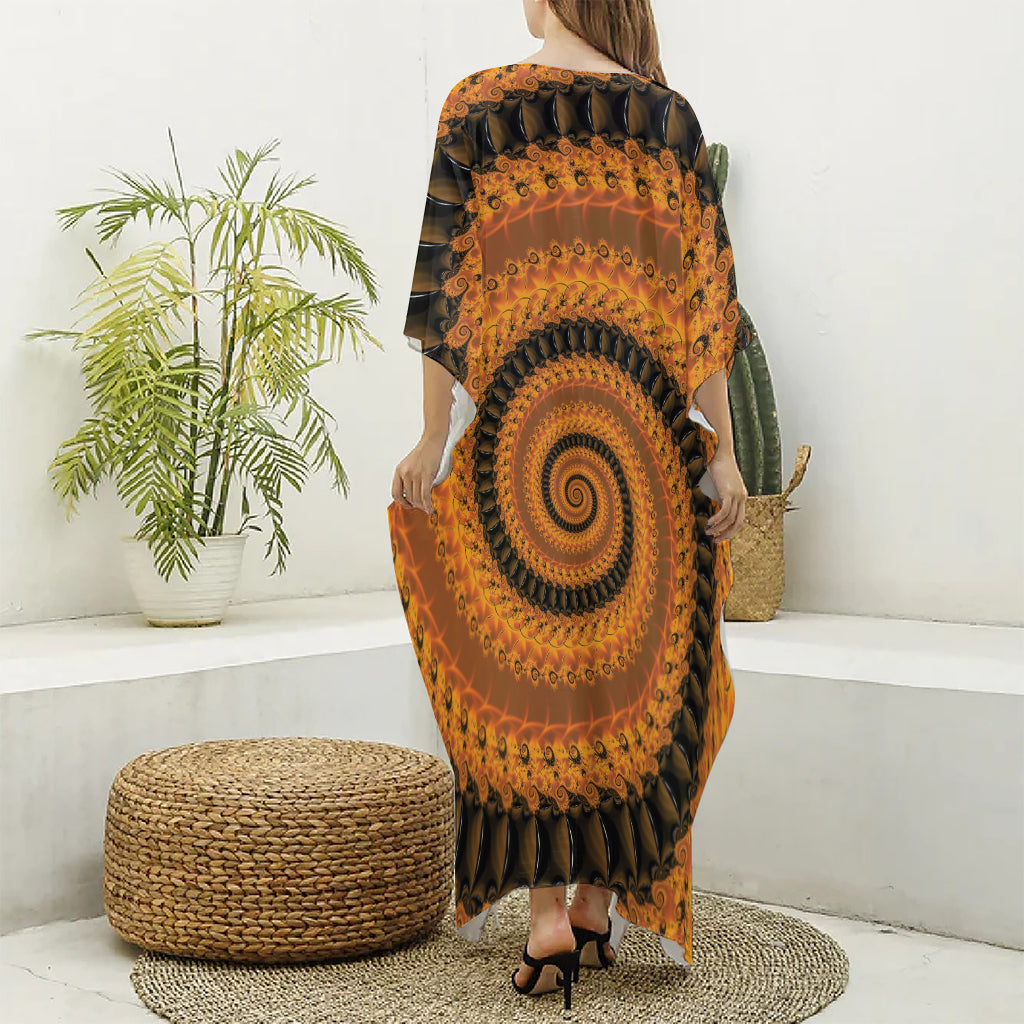 Spiral Fractal Print Silk V-Neck Kaftan Dress