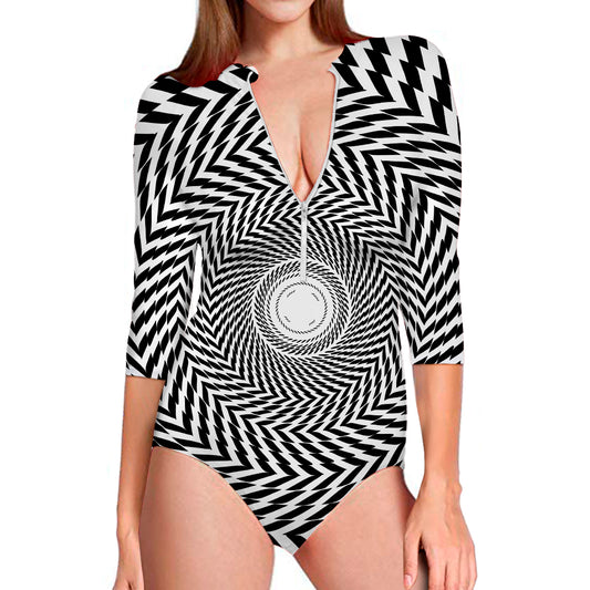 Spiral Illusory Motion Print Long Sleeve Swimsuit