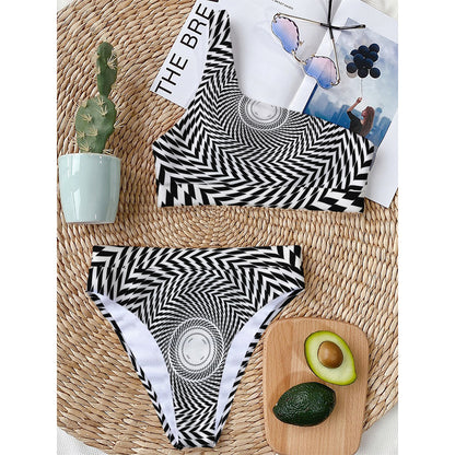 Spiral Illusory Motion Print One Shoulder Bikini Top