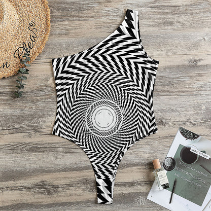 Spiral Illusory Motion Print One Shoulder Bodysuit