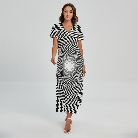 Spiral Illusory Motion Print Short Sleeve Maxi Dress