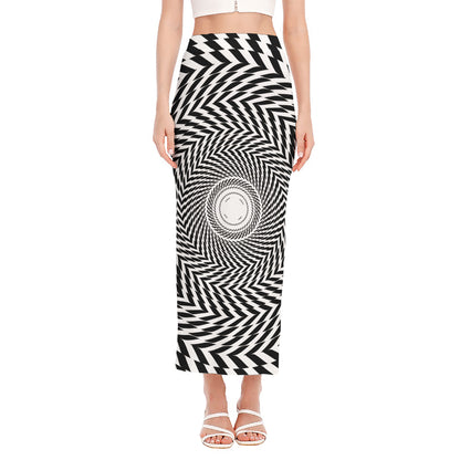 Spiral Illusory Motion Print Side Slit Maxi Skirt