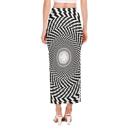 Spiral Illusory Motion Print Side Slit Maxi Skirt