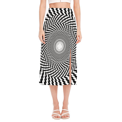 Spiral Illusory Motion Print Side Slit Midi Skirt