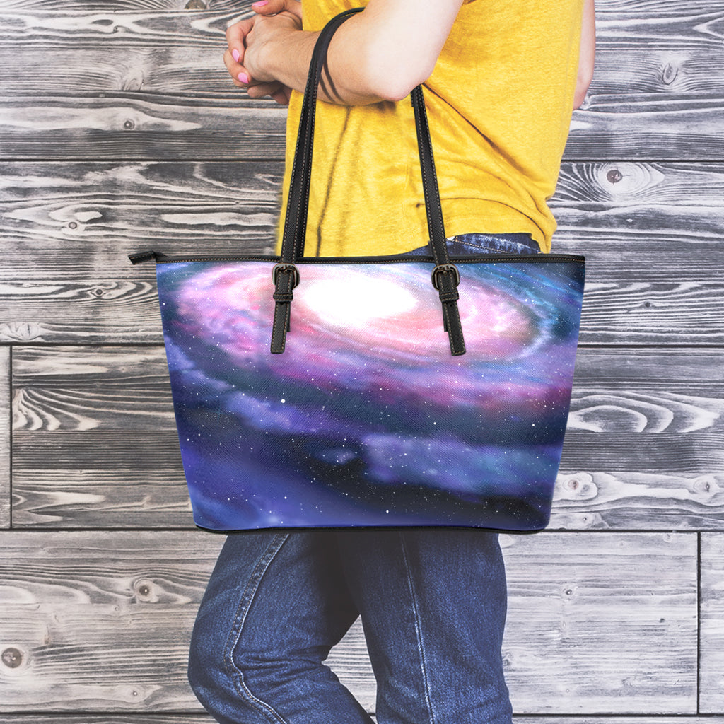 Spiral Milky Way Print Leather Tote Bag