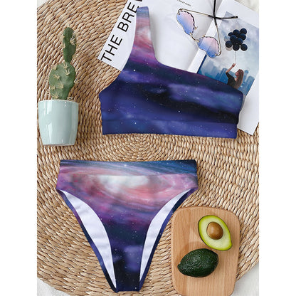 Spiral Milky Way Print One Shoulder Bikini Top
