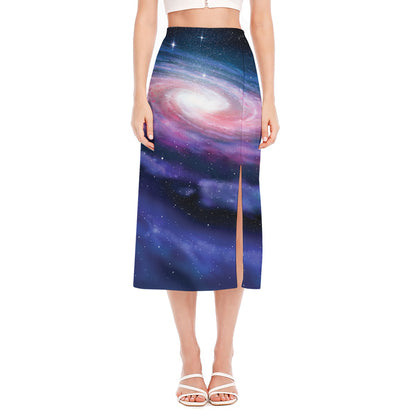 Spiral Milky Way Print Side Slit Midi Skirt