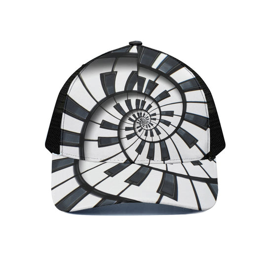 Spiral Piano Keyboard Print Black Mesh Trucker Cap