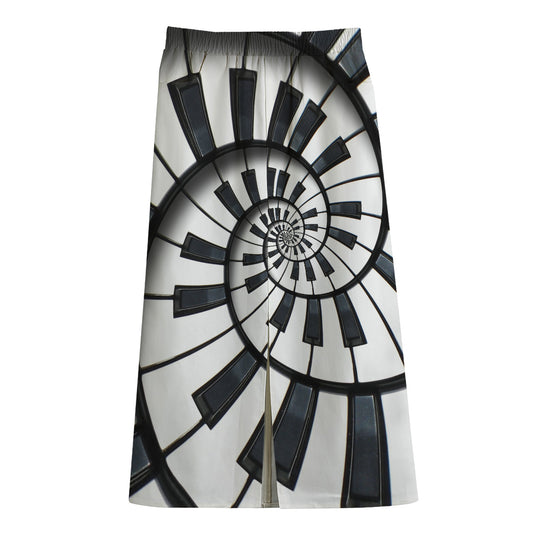 Spiral Piano Keyboard Print Cotton Front Slit Maxi Skirt
