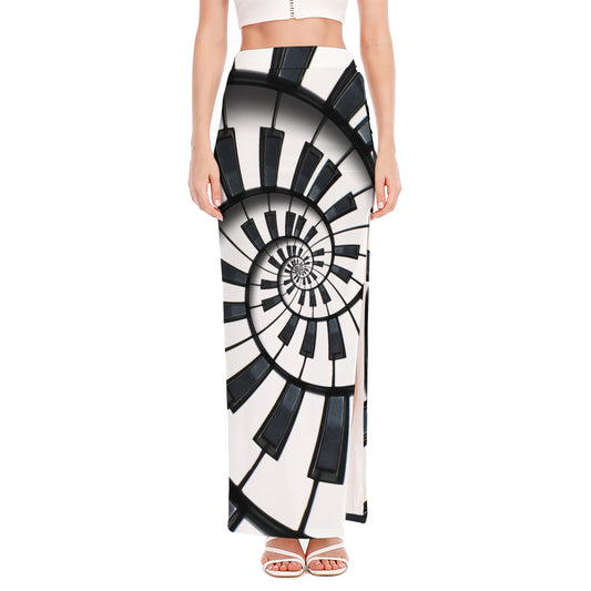 Spiral Piano Keyboard Print High Slit Maxi Skirt