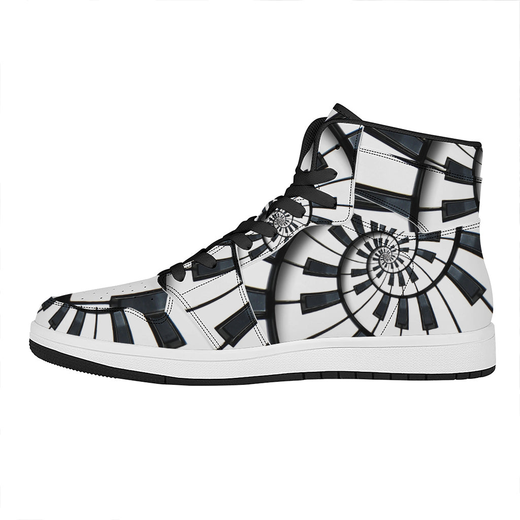 Spiral Piano Keyboard Print High Top Leather Sneakers