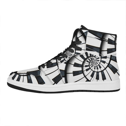 Spiral Piano Keyboard Print High Top Leather Sneakers