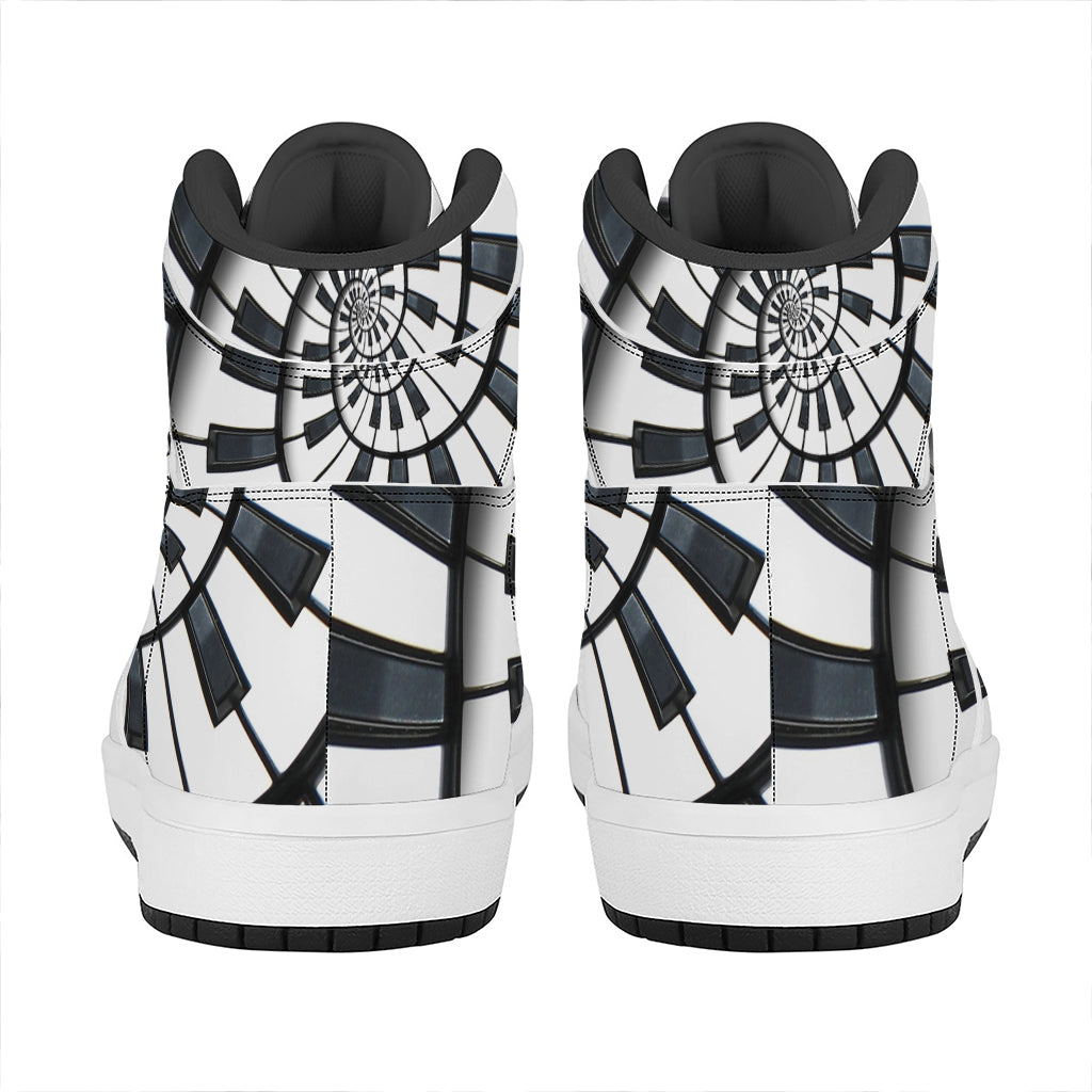 Spiral Piano Keyboard Print High Top Leather Sneakers
